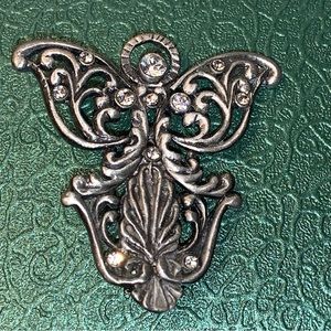 Angel Design Brooch Pewter With Clear Rhinestones
